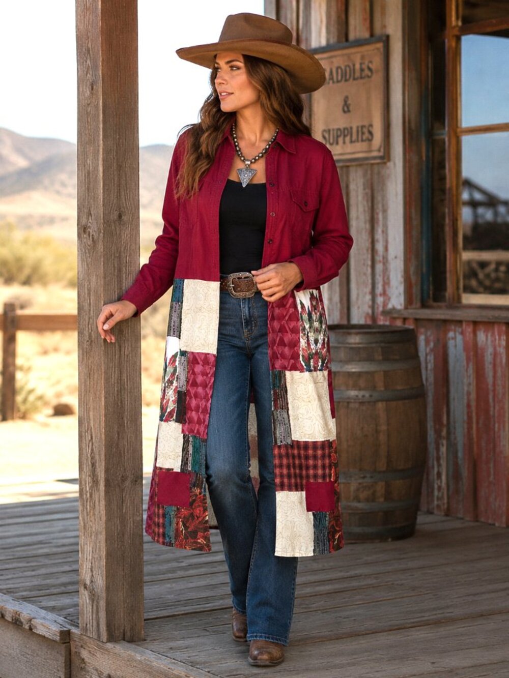 Upcycled Patchwork Duster, Southwestern Aztec Magenta Layering Outerwear S - M